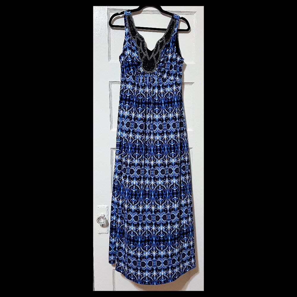 Dressbarn Blue Multicolor Rhinestone Sleeveless Split Neck Maxi Dress Sz 16 EUC